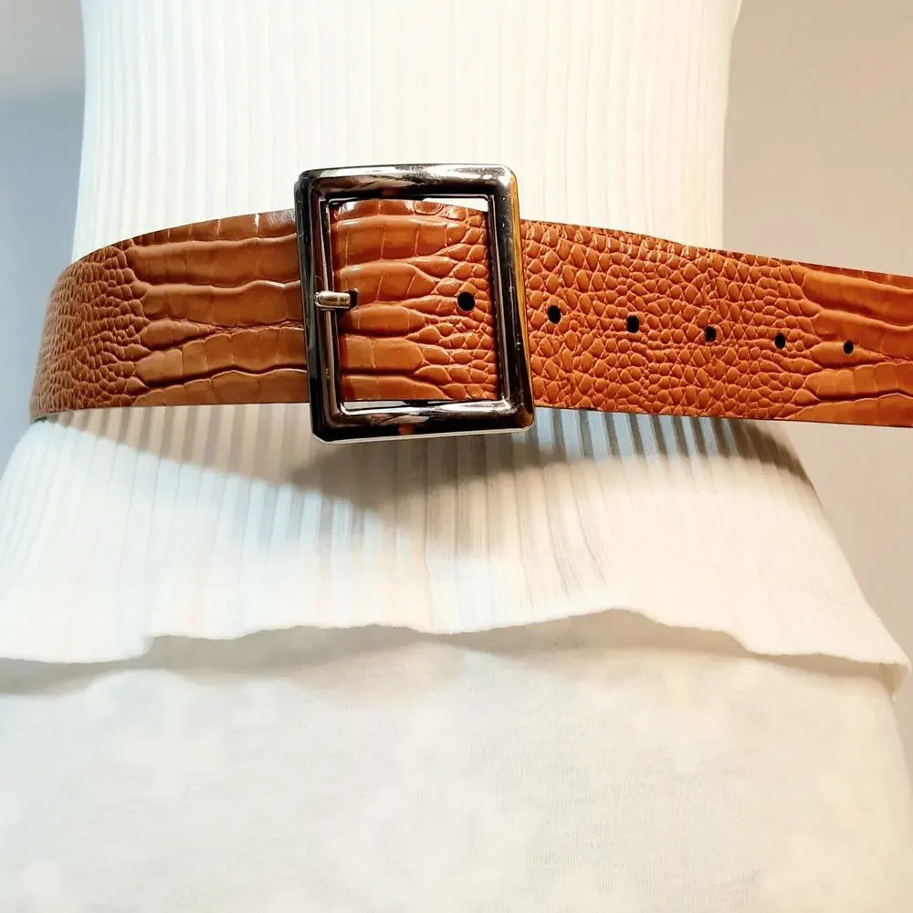 Womens Wide Faux Leather Croc Print Reverible Belt Size XL Statement Dress